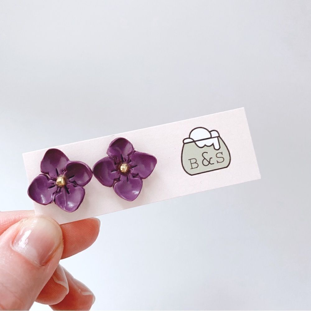 Dark Purple Flower Clay Earrings Hypoallergenic